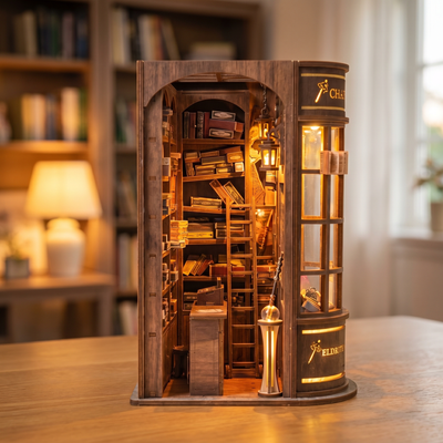The Wand Shop book nook showcase, warm lights glowing to life over shelves of wand boxes