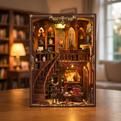 The Cathedral Library DIY book nook kit showcase, warm interior lights glowing