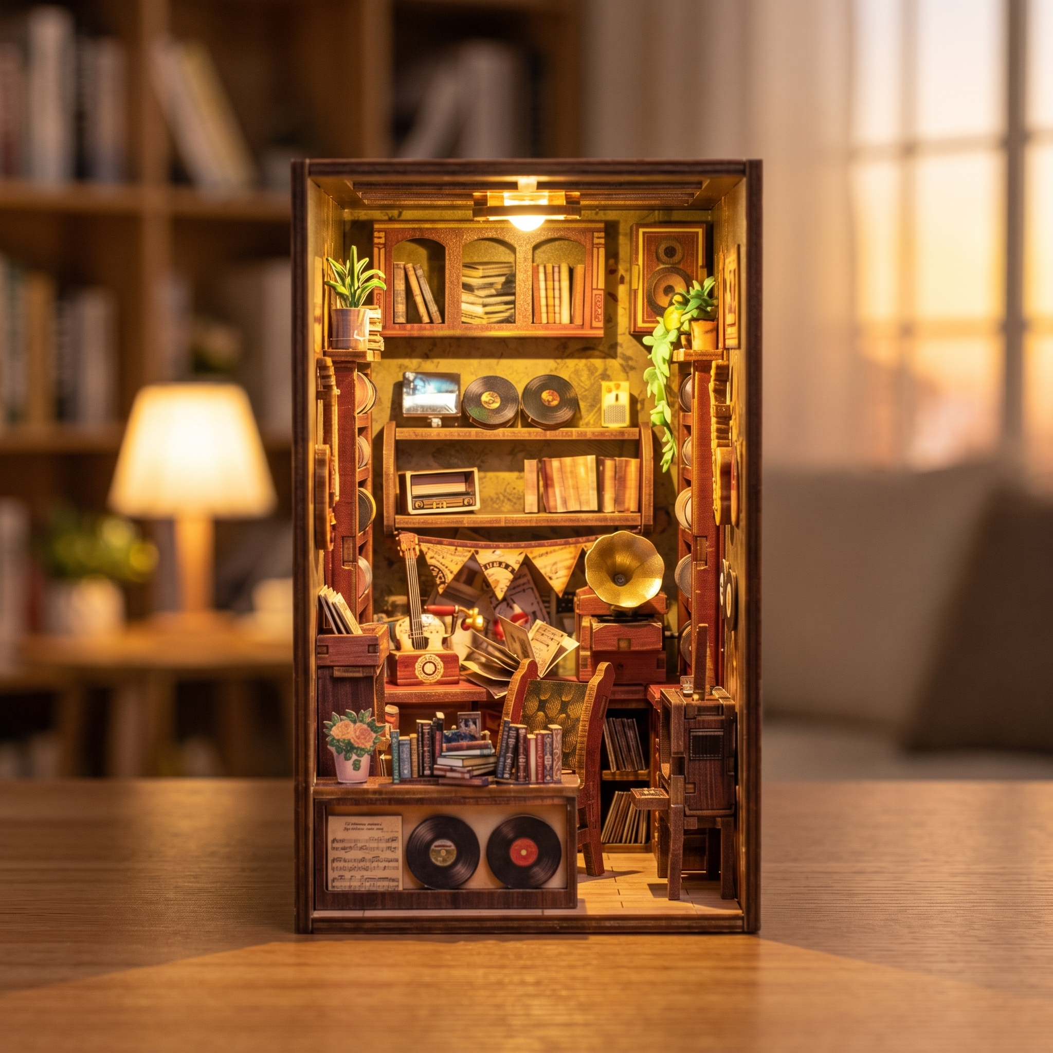 The Record Shop book nook showcase, warm interior lights glow to life over crates of vinyl and a gramophone