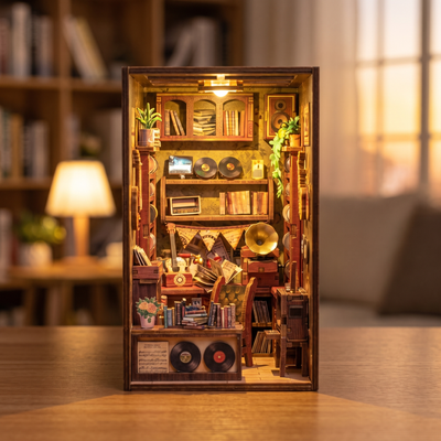 The Record Shop book nook showcase, warm interior lights glow to life over crates of vinyl and a gramophone