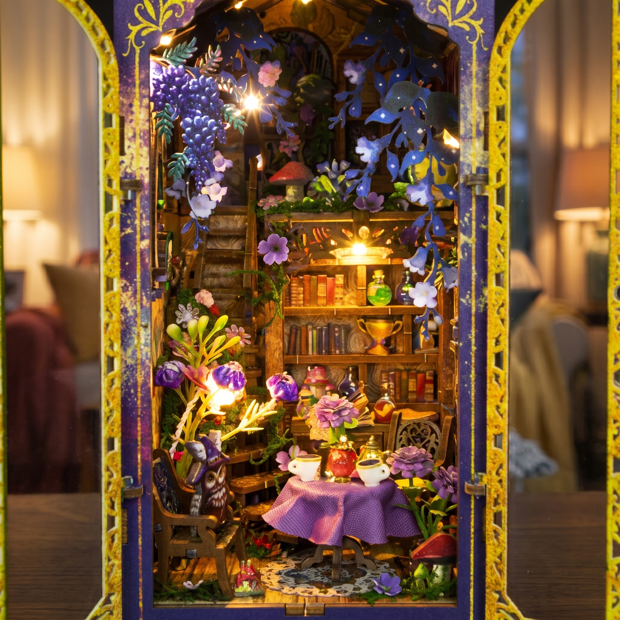 The Midnight Garden DIY book nook kit built by hand, LED lights switched on at the end