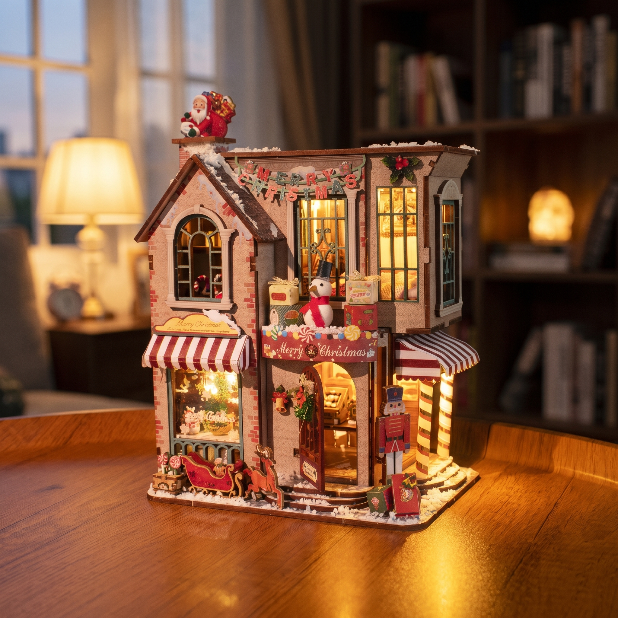 Assembling The Candy Cane Cottage kit by hand, ending with the LED lights on