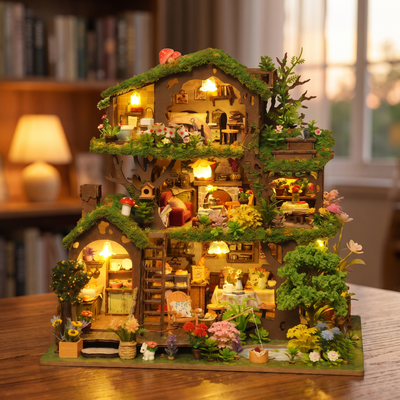Hands assembling The Elderwood Treehouse kit, LED lights turning on