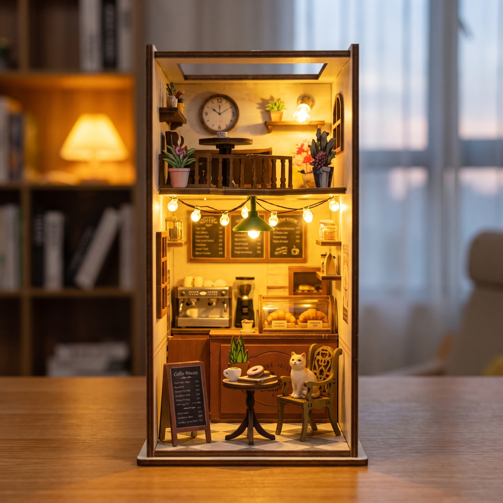 Assembling The Coffee House book nook by hand, ending with the LED lights on