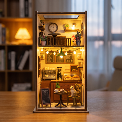 Assembling The Coffee House book nook by hand, ending with the LED lights on
