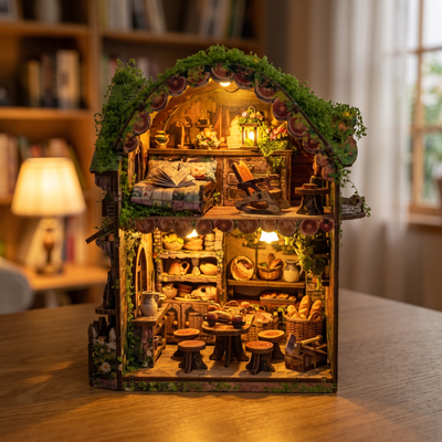 Hands assembling The Mossy Hollow book nook kit, ending with the LED lights switching on