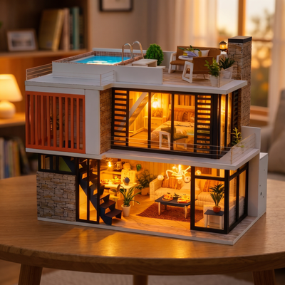 Hands assembling The Glass Villa miniature kit, ending with the LED lights switching on