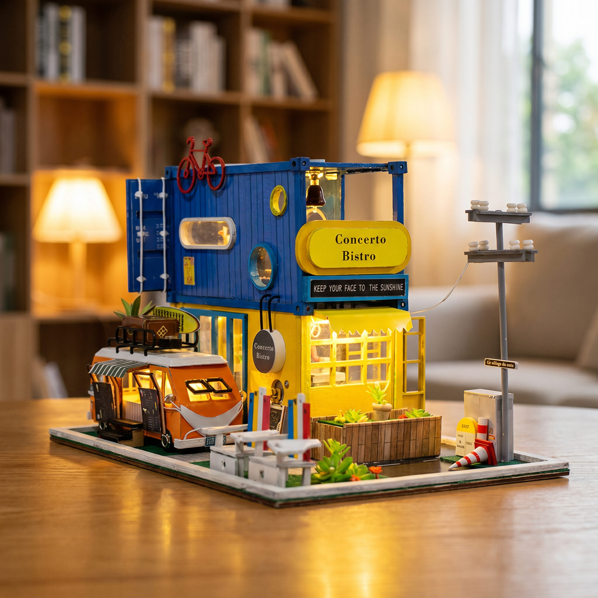 Hands assembling The Roadside Bistro miniature kit, ending with the LED lights switching on
