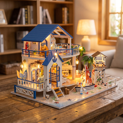 Assembling The Seaside Villa kit by hand, ending with the LED lights on