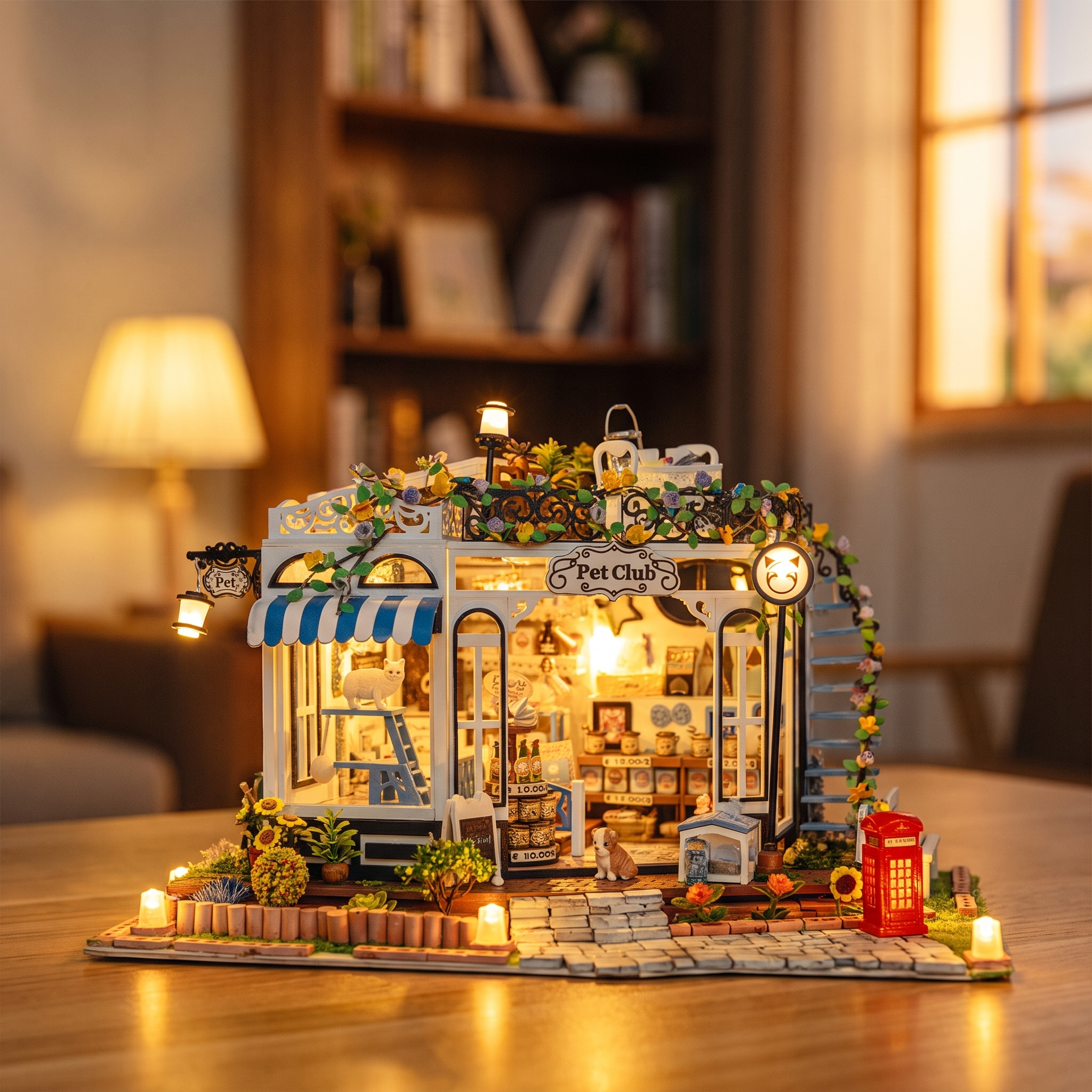 Hands assembling The Pet Club miniature kit, ending with the LED lights switching on