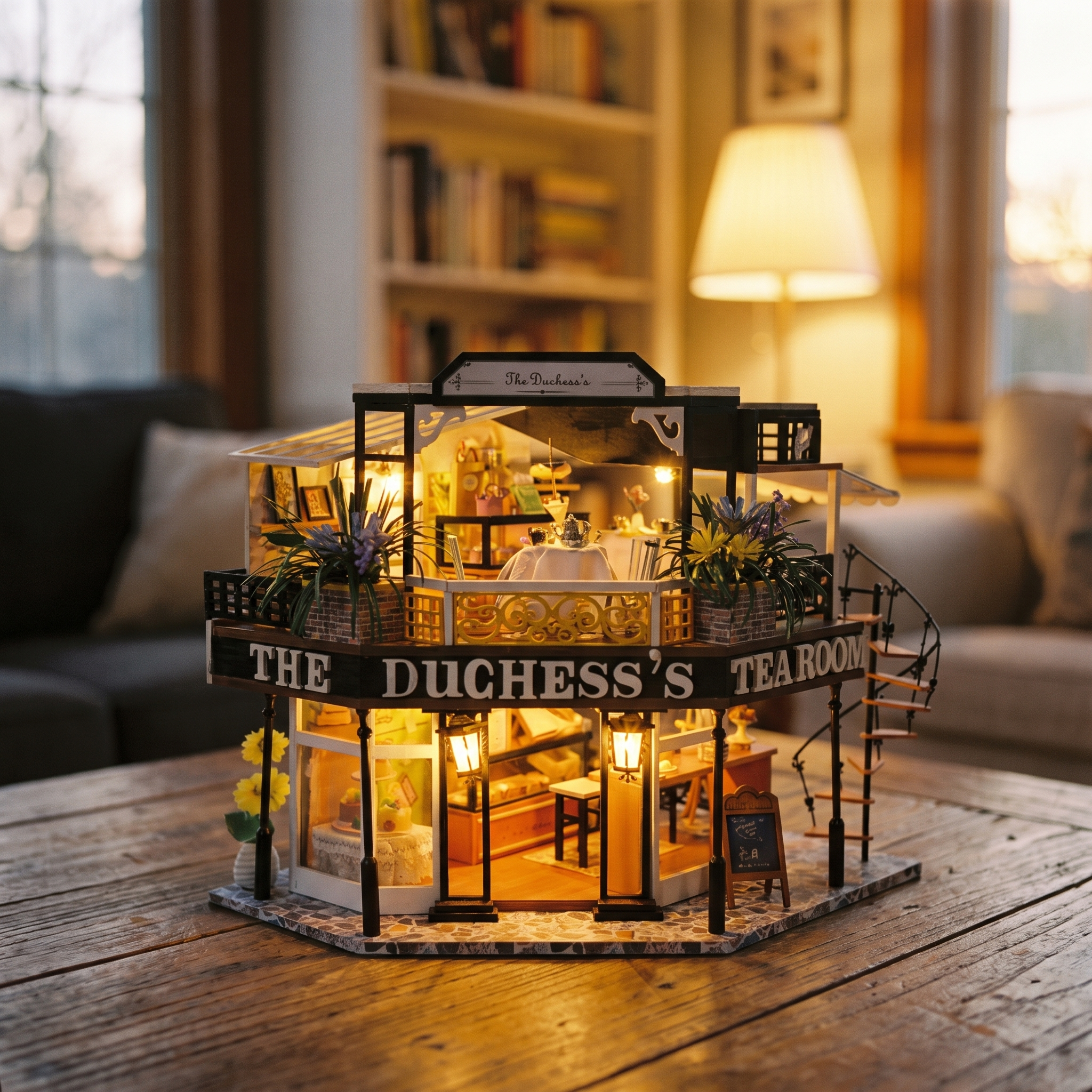 Hands assembling The Duchess's Tea Room miniature kit, ending with the LED lights switching on