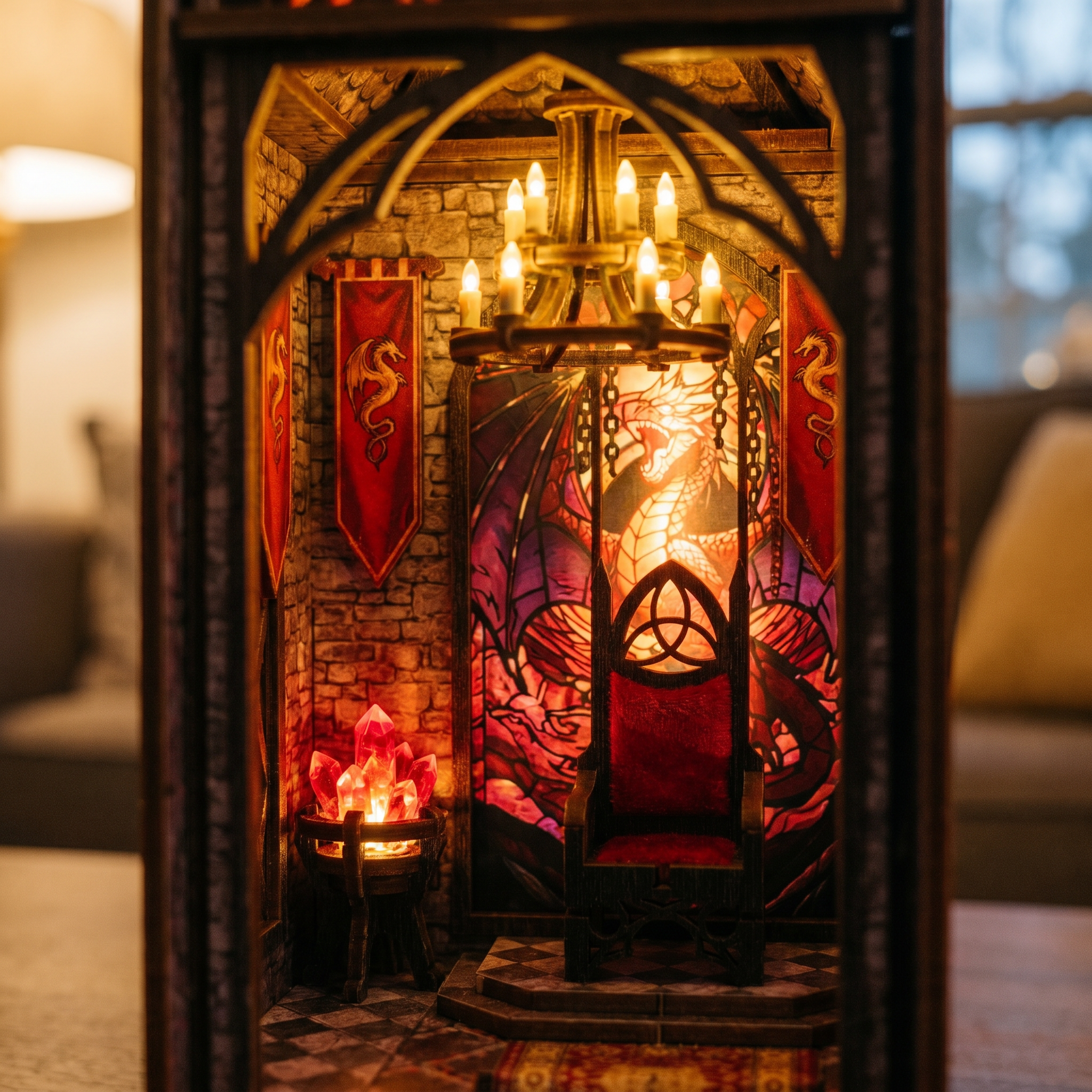 The Dragonspire DIY book nook kit built by hand, LED lights switched on at the end