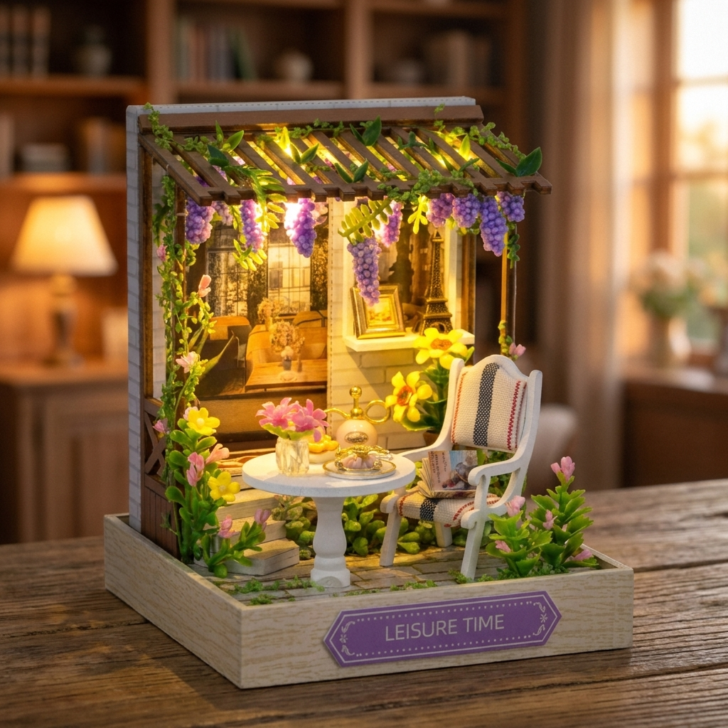 Hands assembling The Wisteria Patio miniature kit, ending with the LED lights switching on