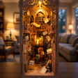 Assembling The Sorcerer's Archive book nook: hands build the magic bookstore and switch on the lights
