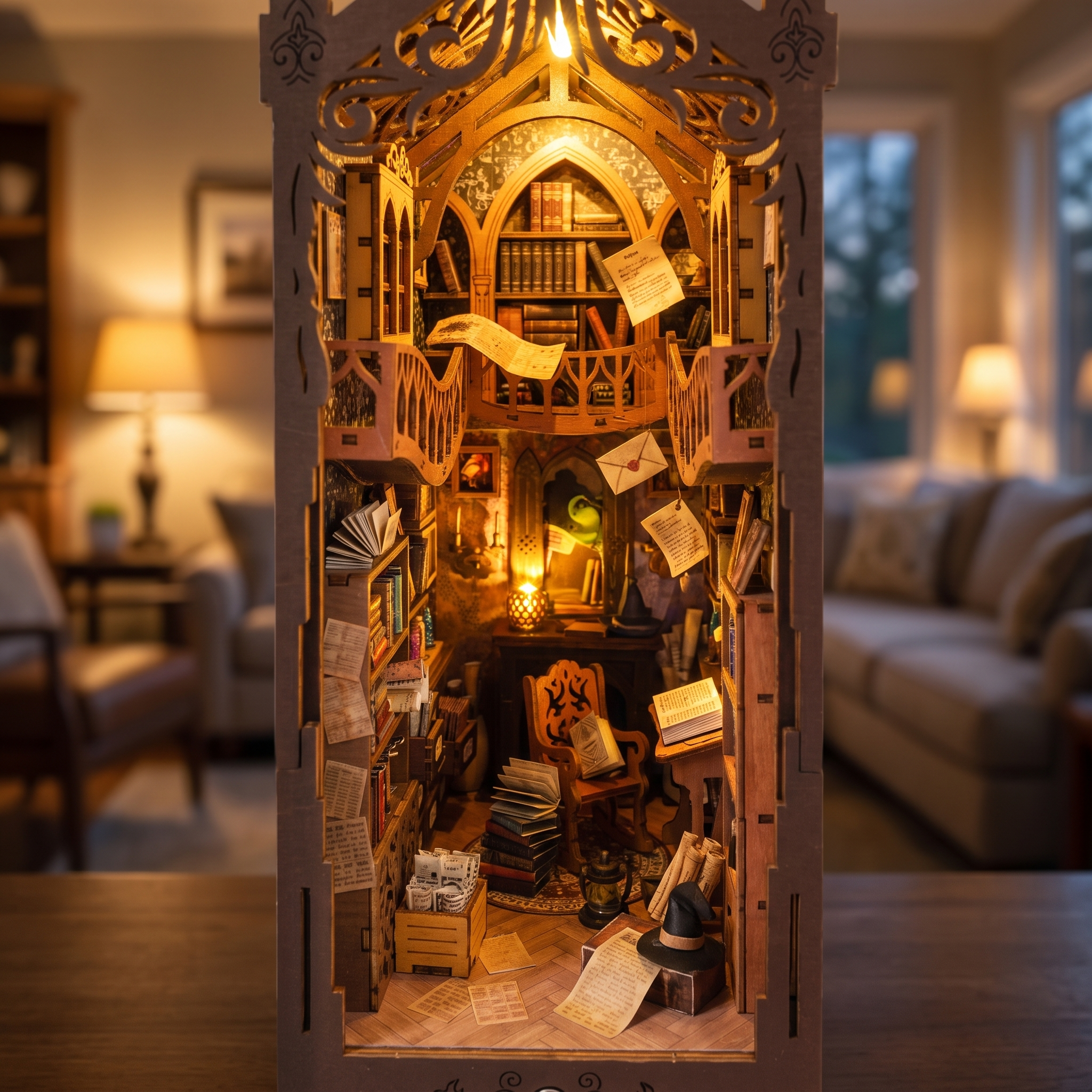 Assembling The Sorcerer's Archive book nook: hands build the magic bookstore and switch on the lights