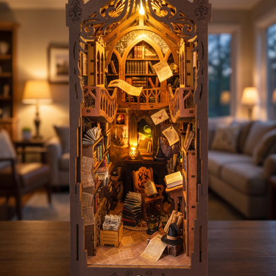 Assembling The Sorcerer's Archive book nook: hands build the magic bookstore and switch on the lights