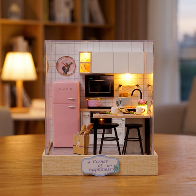 Assembling The Breakfast Bar miniature kitchen: hands build the pastel kitchen and switch on the lights