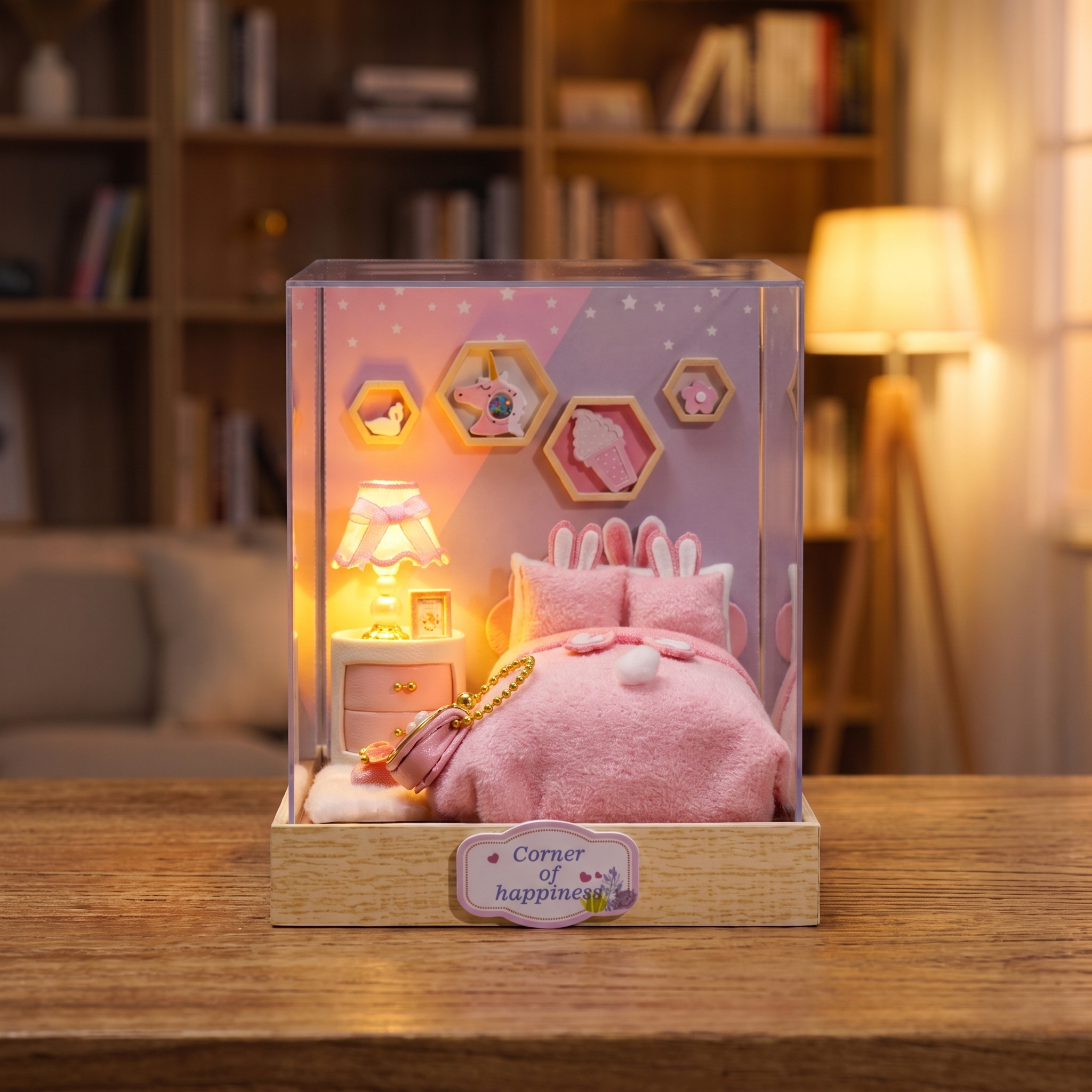 Assembling The Cottontail Room miniature bedroom: hands build the pink bedroom and switch on the lamp