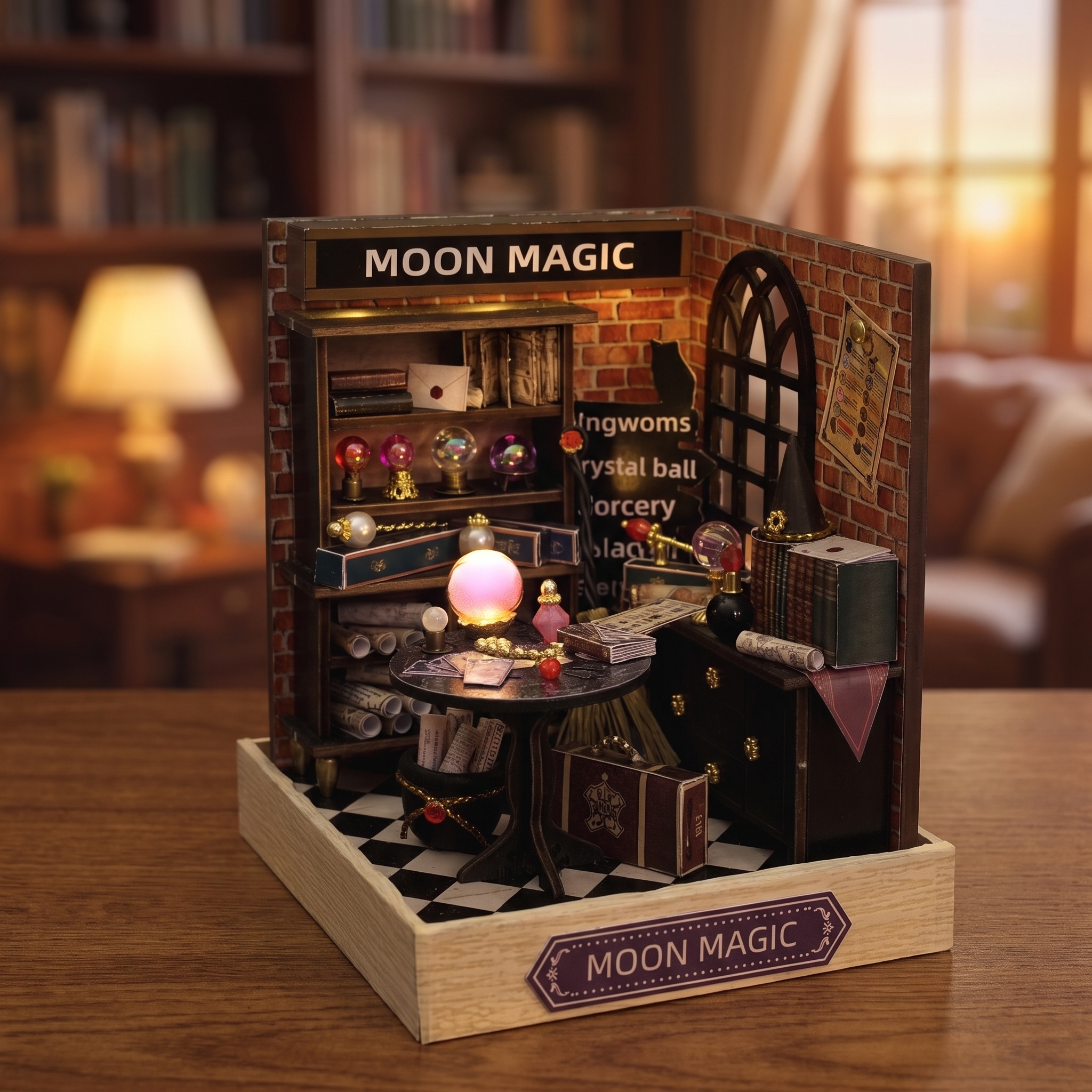 Assembling The Seer's Parlor miniature fortune teller corner: hands build the kit and the crystal ball glows
