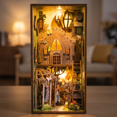 The Emerald Road book nook kit assembly video ending with the LED lights on