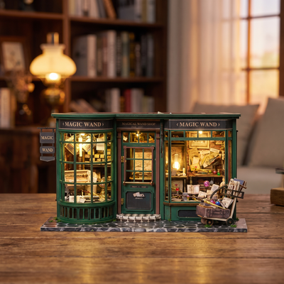 The Wandmaker's Atelier miniature kit assembly video ending with the LED lights on