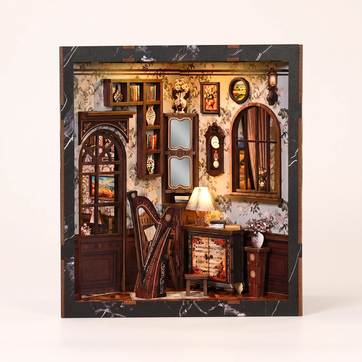 The Music Room miniature Victorian music room showcase, lights glowing to life