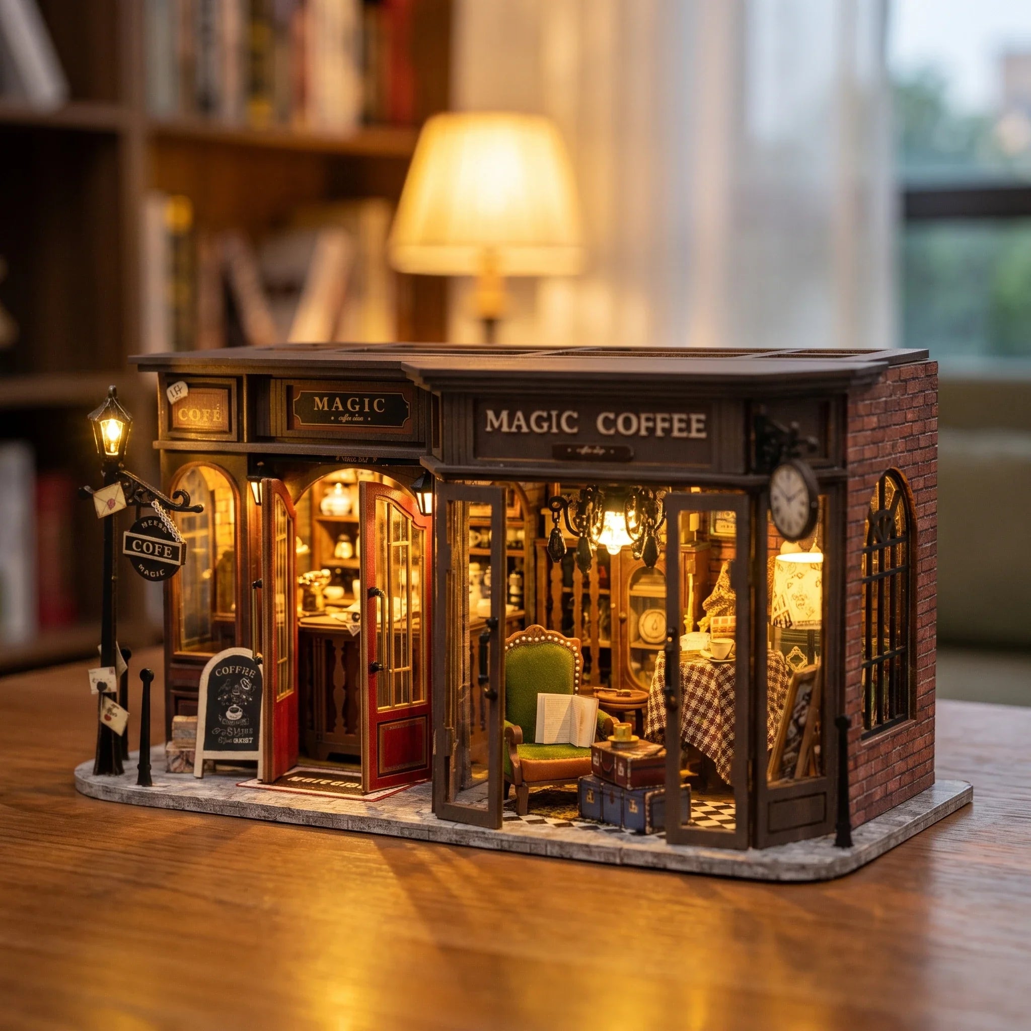 Hands assembling The Alchemist's Cafe miniature kit, ending with the lights switching on