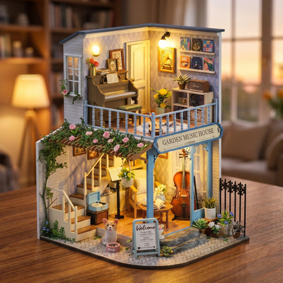 Hands assembling The Cello Corner miniature kit, ending with the lights switching on