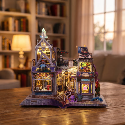 Building The Storybook Bazaar by hand, ending lights on
