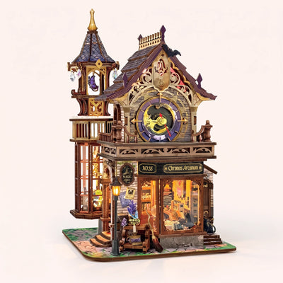The Timekeeper's Arcanum kit video: hands assemble the magic shop, then the lights come on