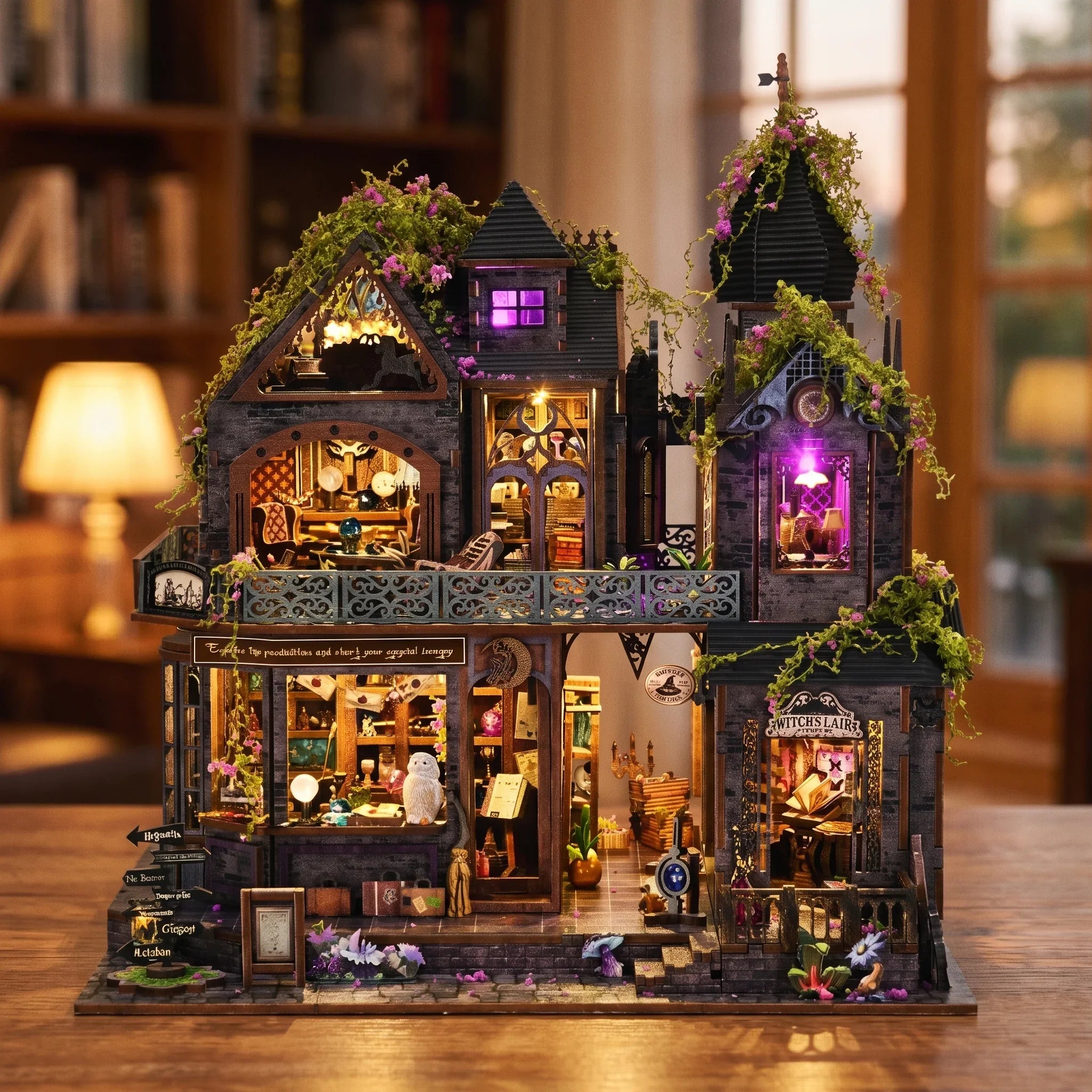 Hands assembling The Witch's Lair miniature kit, ending with the LED lights turning on