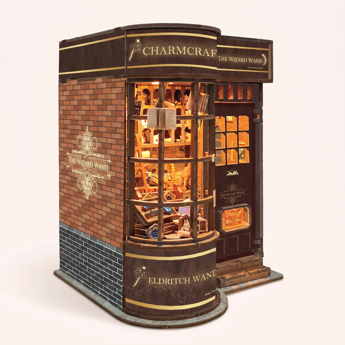 The Wand Shop book nook showcase, warm lights glowing to life over shelves of wand boxes