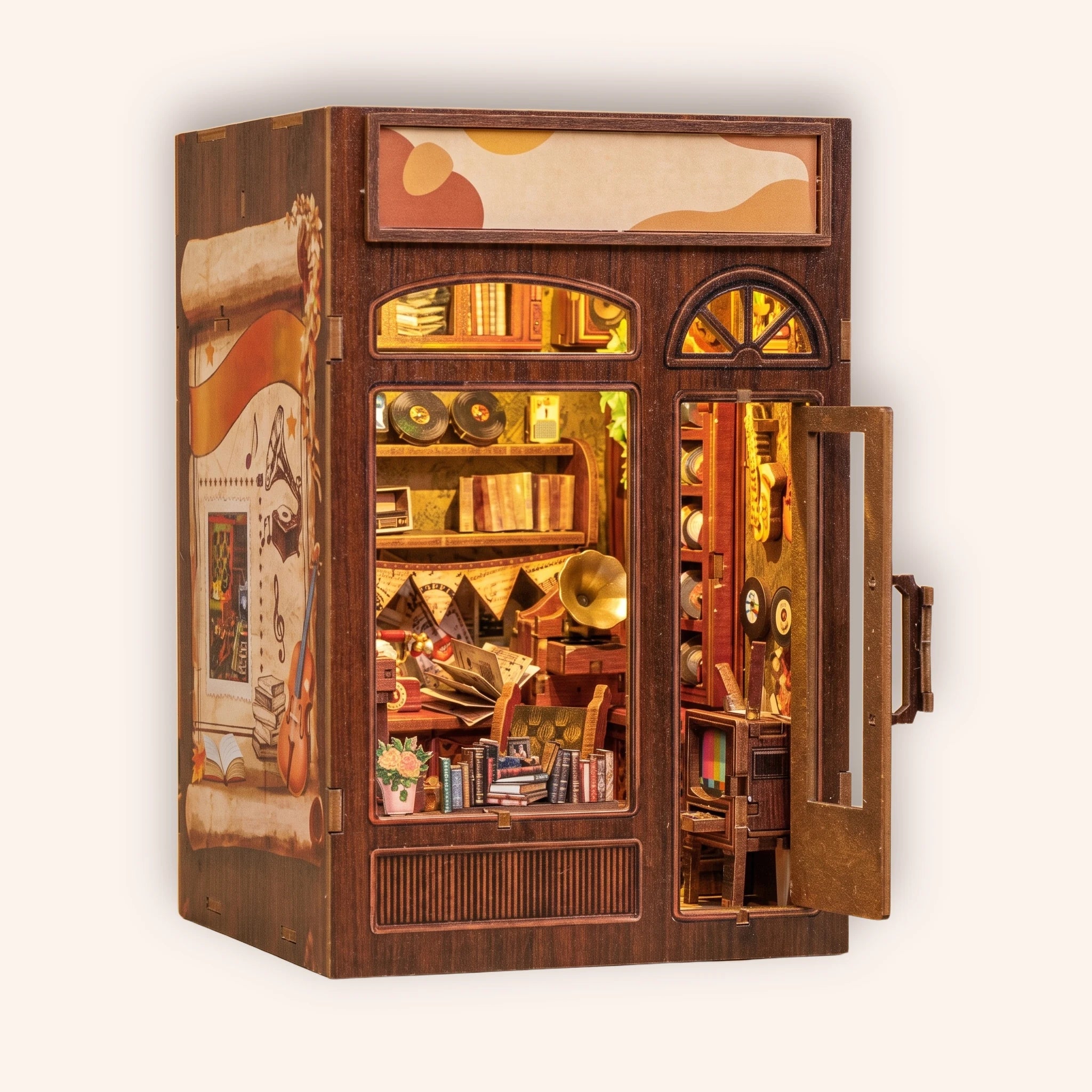 The Record Shop DIY book nook kit on a soft cream studio background, a vintage record and sheet-music shop with crates of vinyl and a gramophone
