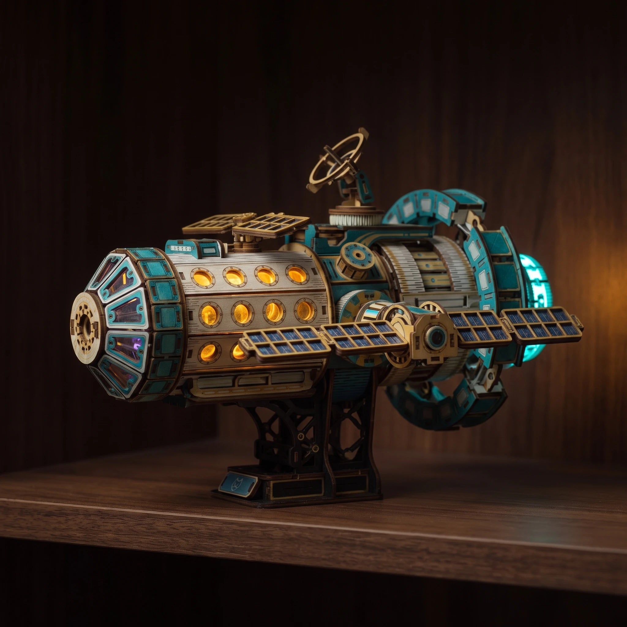 The Orbital Outpost glowing on a walnut shelf at night