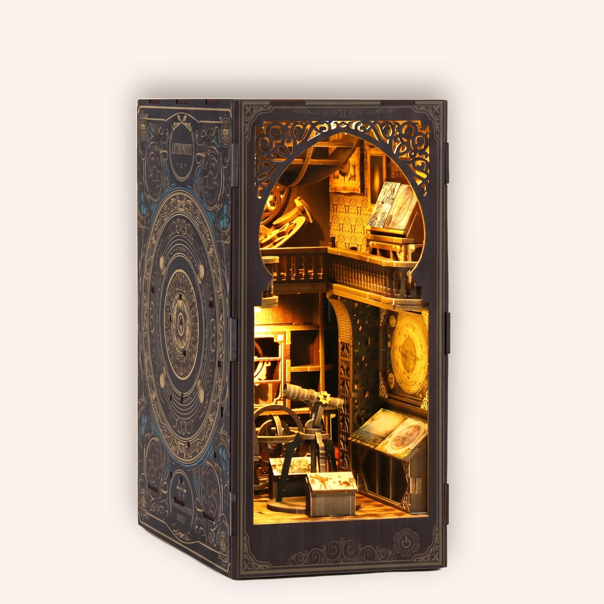 The Stargazer DIY book nook kit, a glowing Victorian astronomer's observatory on a soft cream background
