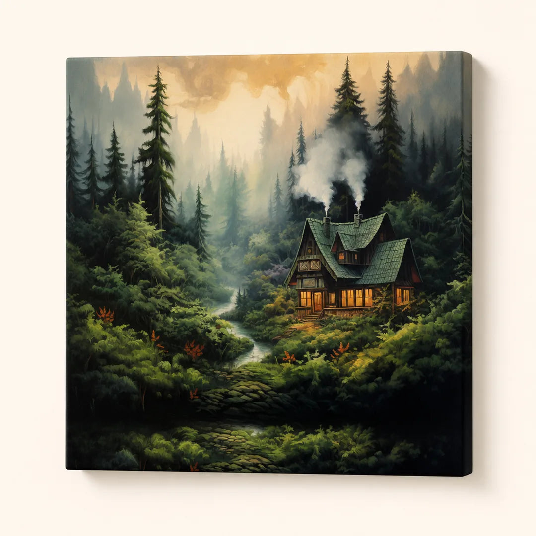 Forest Cabin Retreat Paint by Numbers Kit - finished painting on canvas