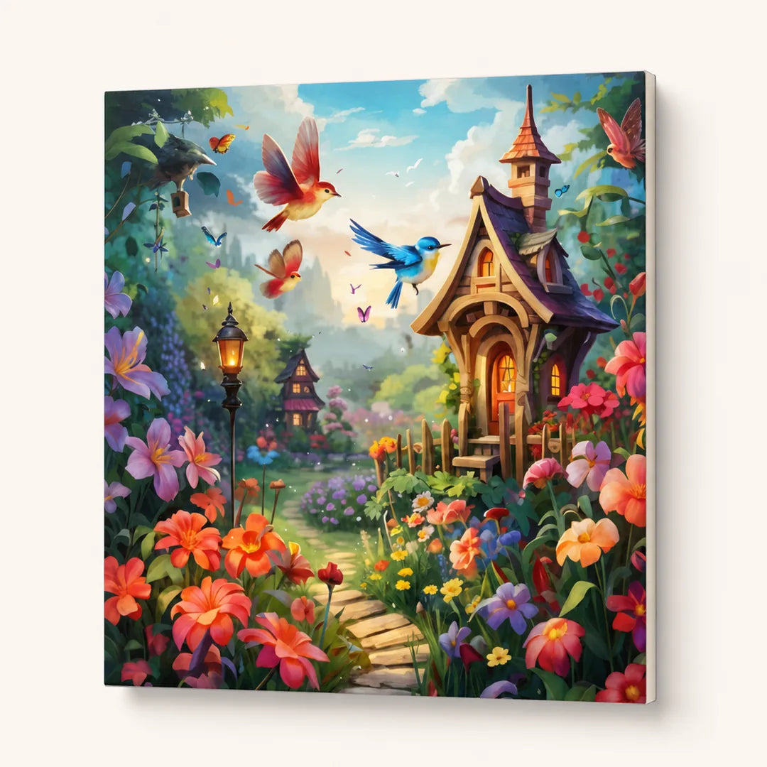 Whimsical Floral Cottage Paint by Numbers Kit - finished painting on canvas