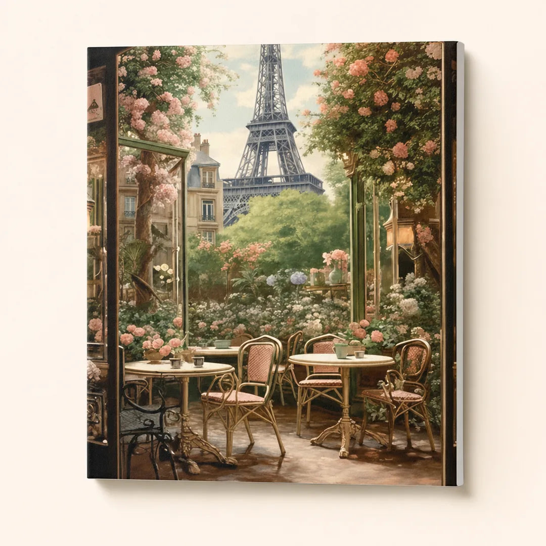 Cafe View of the Eiffel Tower Paint by Numbers Kit - finished painting on canvas