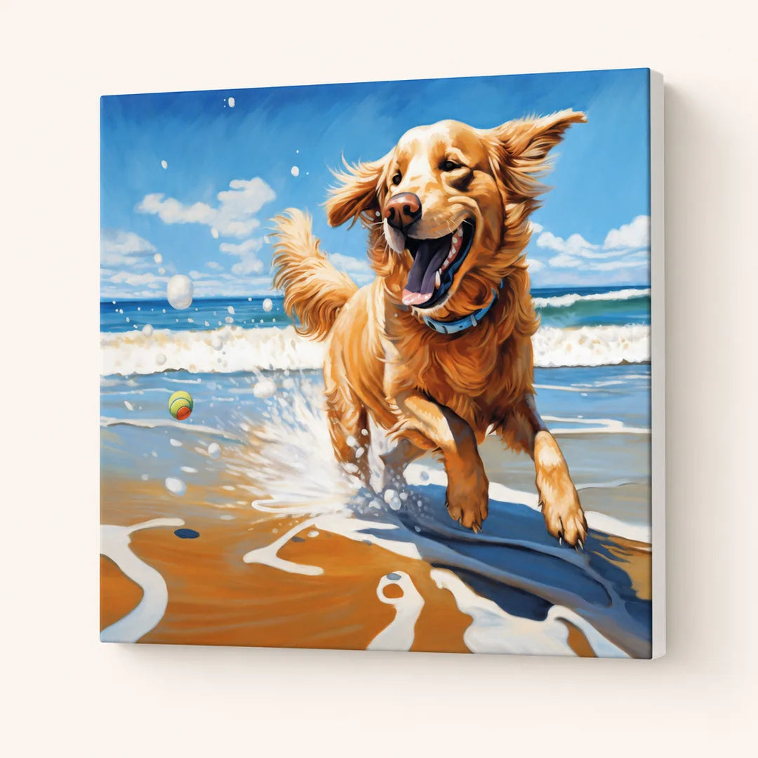 Beach Day Golden Retriever Paint by Numbers Kit - finished painting on canvas