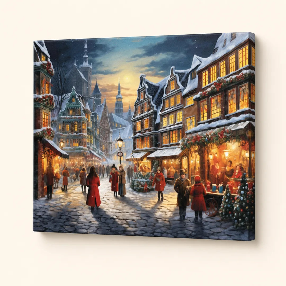 Snowy Christmas Market Paint by Numbers Kit - finished painting on canvas