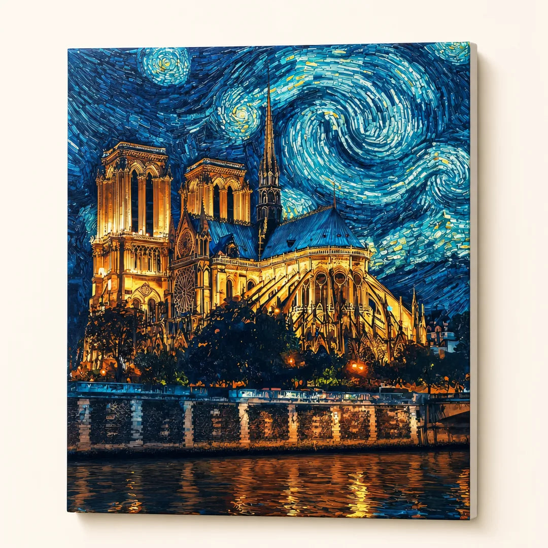 Starry Notre Dame Paint by Numbers Kit - finished painting on canvas