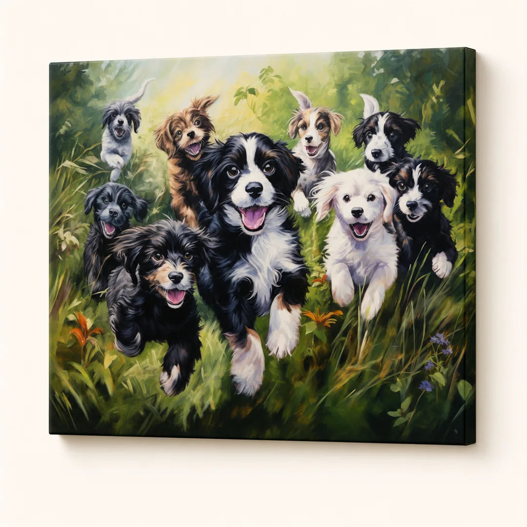 Playful Puppies in the Field Paint by Numbers Kit - finished painting on canvas