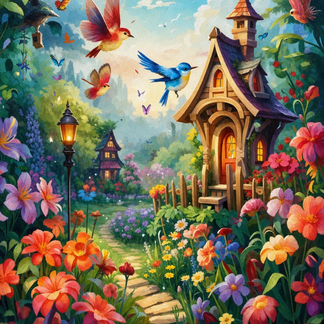 Whimsical Floral Cottage Paint by Numbers Kit - close-up detail of brushstrokes