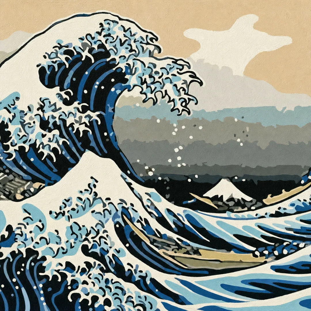 The Great Wave Off Kanagawa Paint by Numbers Kit - close-up detail of brushstrokes