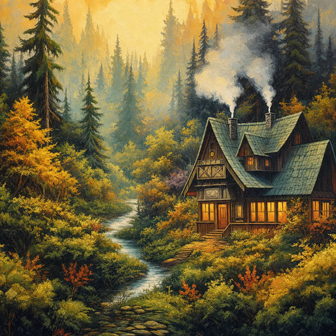 Forest Cabin Retreat Paint by Numbers Kit - close-up detail of brushstrokes