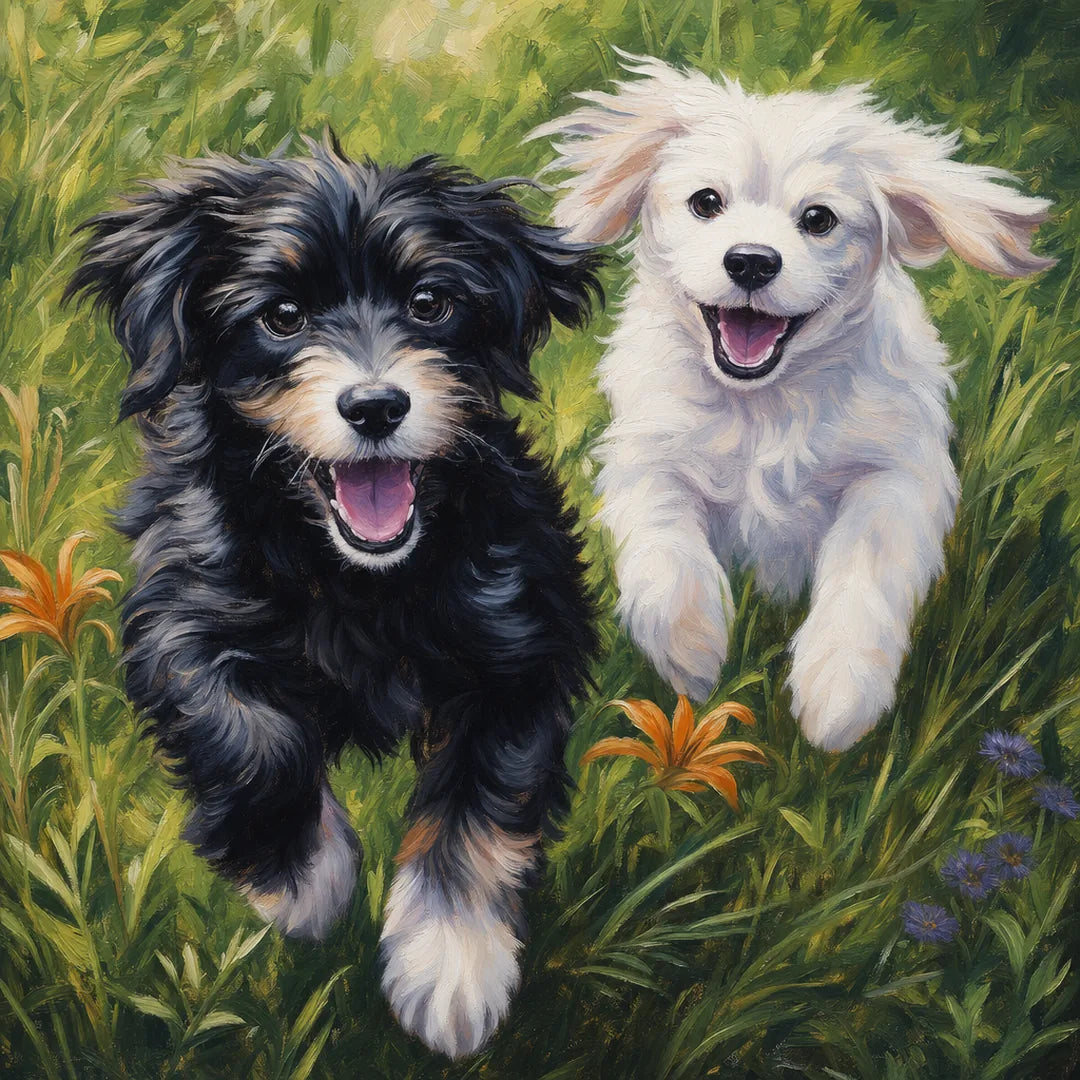 Playful Puppies in the Field Paint by Numbers Kit - close-up detail of brushstrokes