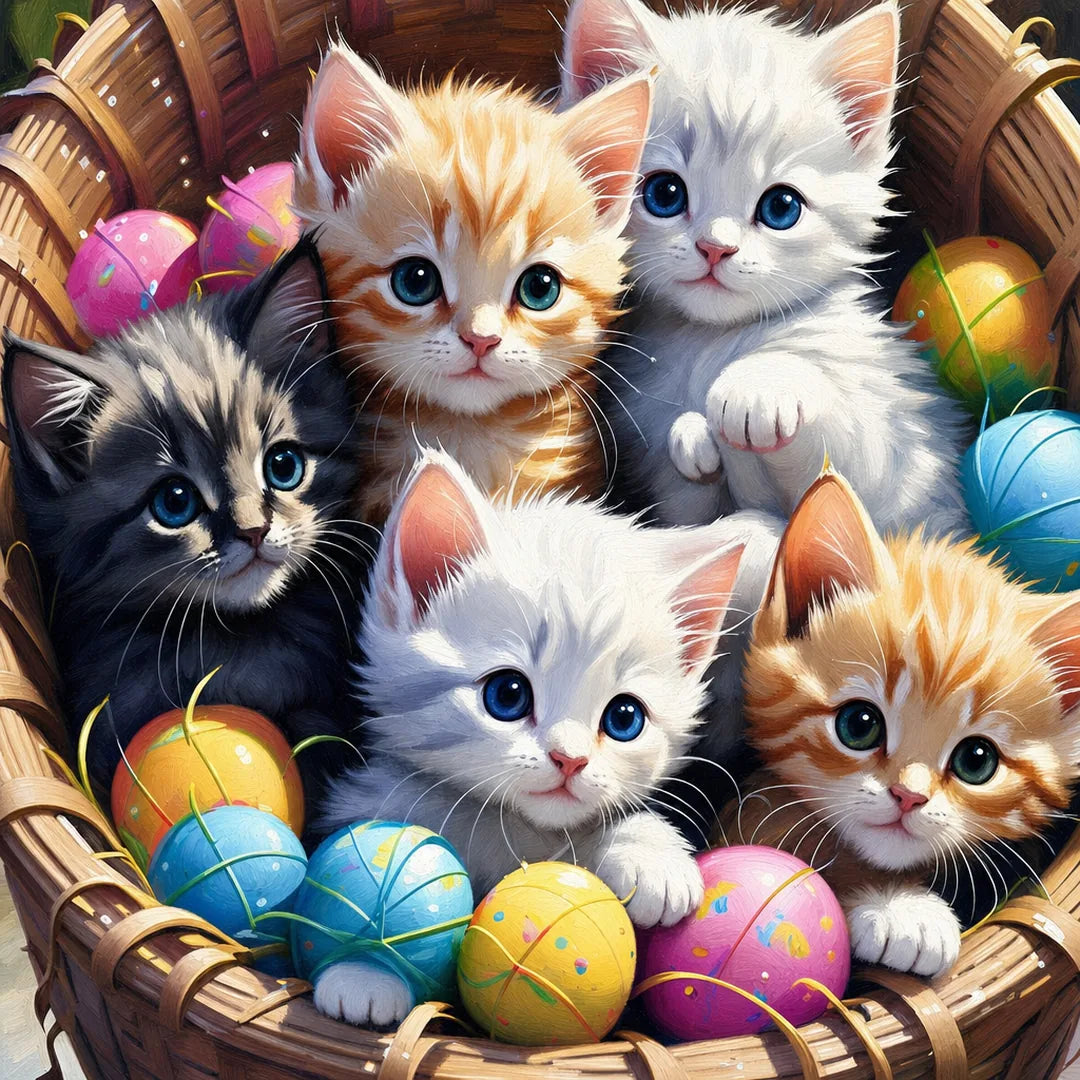 Basket of Kittens Paint by Numbers Kit - close-up detail of brushstrokes
