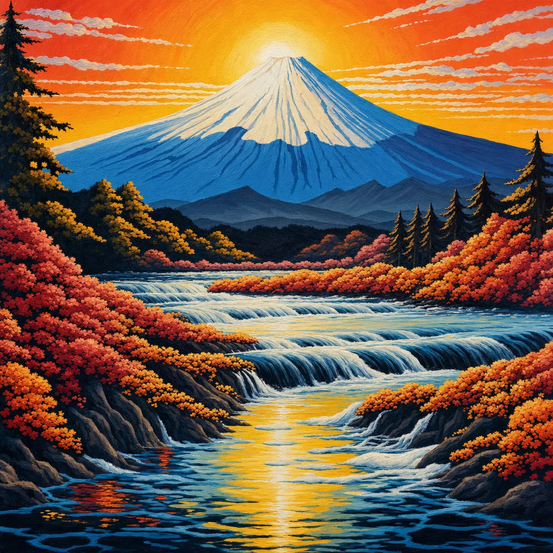 Mount Fuji in Autumn Paint by Numbers Kit - close-up detail of brushstrokes