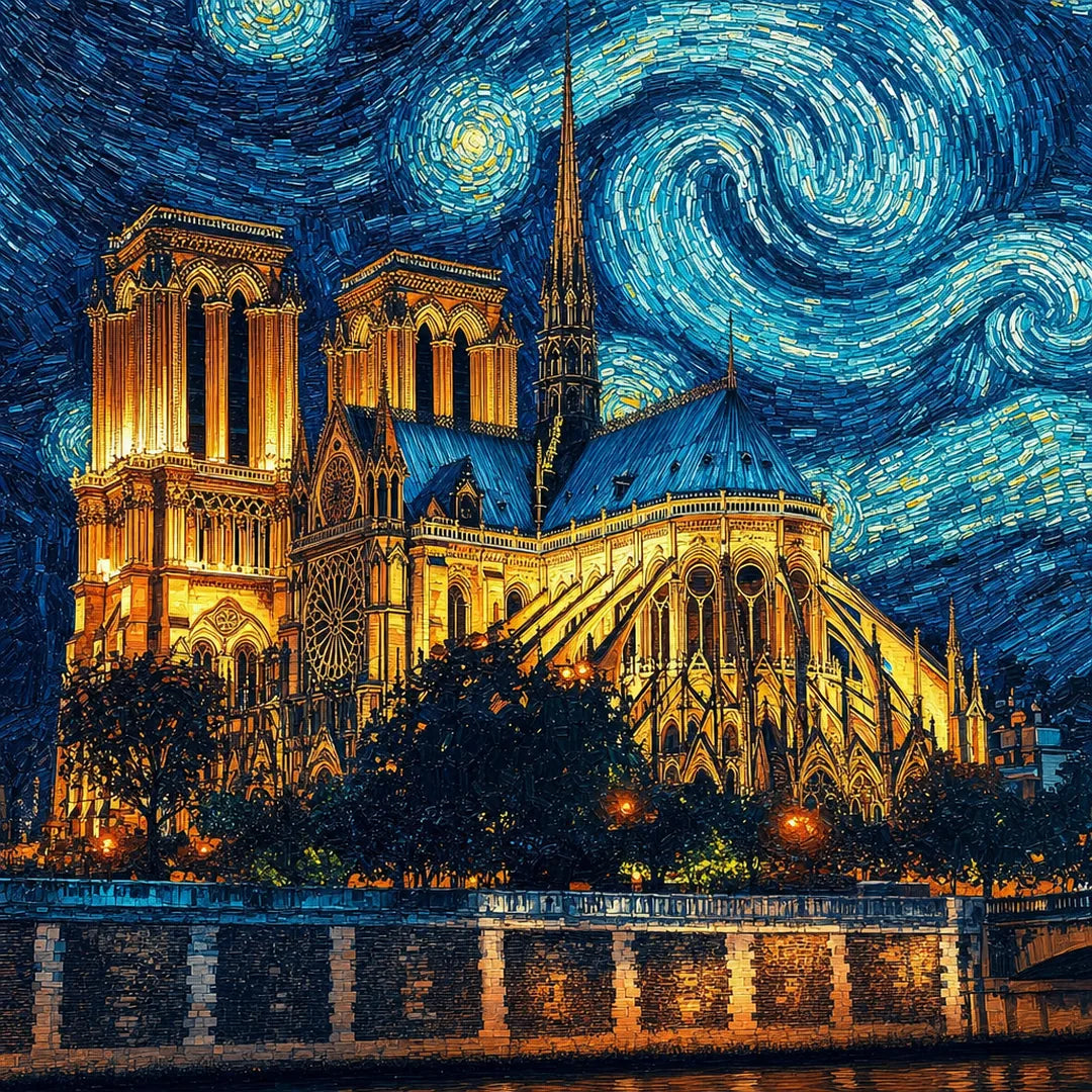 Starry Notre Dame Paint by Numbers Kit - close-up detail of brushstrokes