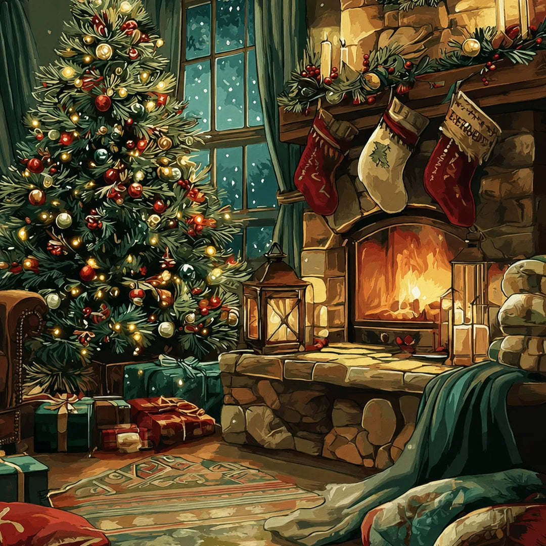 Cozy Christmas Living Room Paint by Numbers Kit - close-up detail of brushstrokes